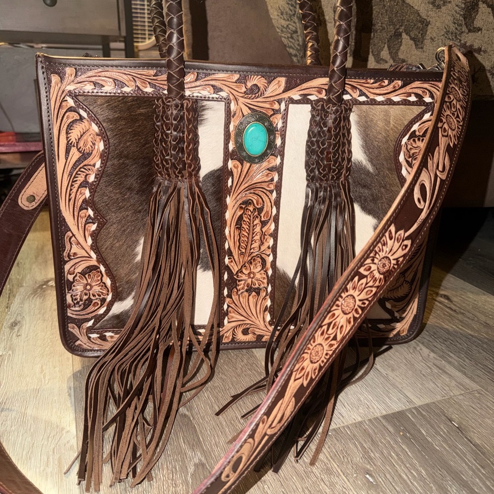 Brown Tooled Leather Fringe Shoulder Bag with Turquoise Accent